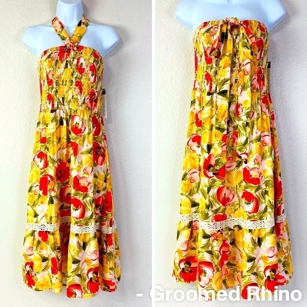 Luxology Floral Halter Tie Smocked Bodice Dress Size M